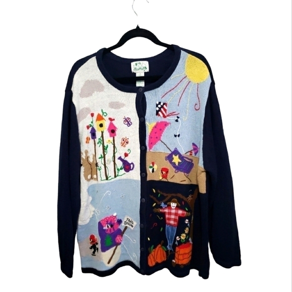 THE Quacker Factory Womens Blue Embroidered Cardigan Seasons Size 1X - Picture 1 of 12